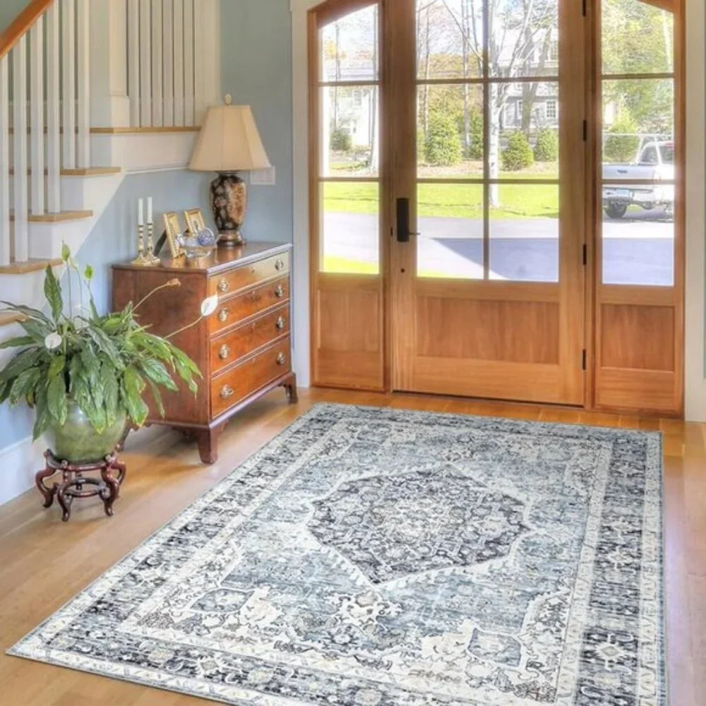New 5x7 Light Blue Vintage Boho Rug, Washable Soft Low Pile Non-Slip Carpet